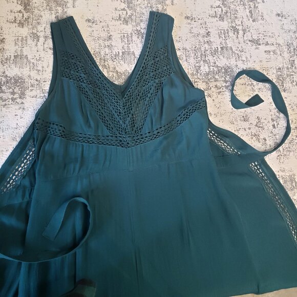 Anthropologie Elevenses Emerald Linen-Look Crochet Boho Wide Leg Pantsuit - Picture 14 of 16